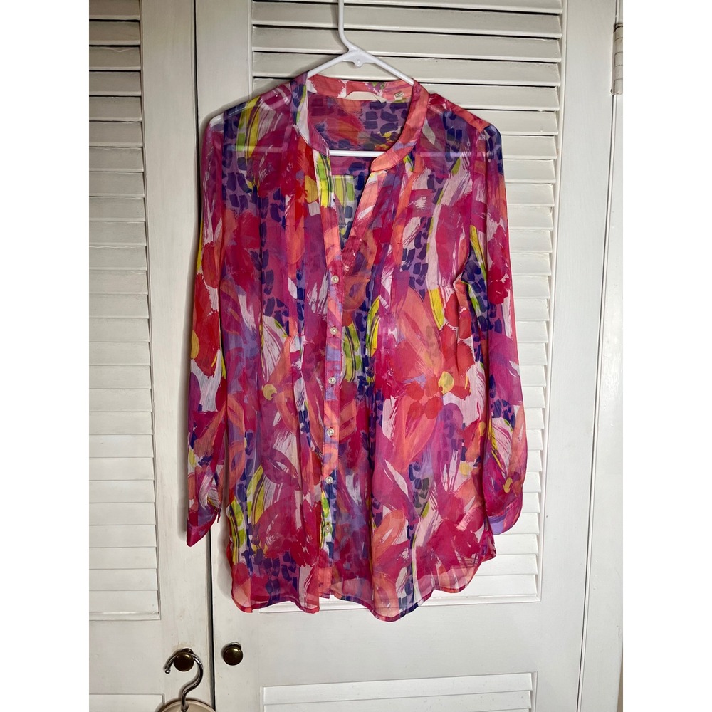Soft Surroundings Floral Print Button Down Sheer Blouse Tunic Top PM